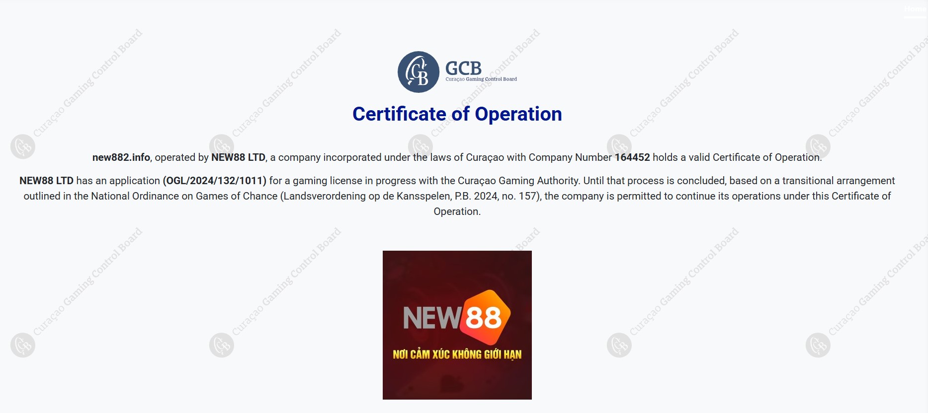 Chứng chỉ Curaçao Gaming cấp cho New88